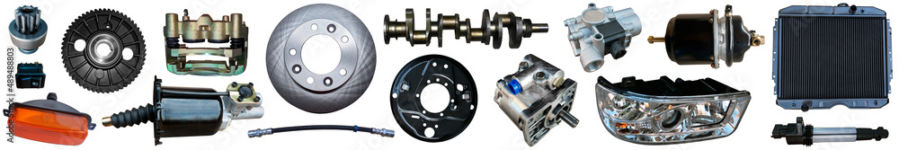 Auto spare parts car on the white background. Set with many isolated items for shop or aftermarket Auto spare parts car on the white background. Set with many isolated items for shop or aftermarket