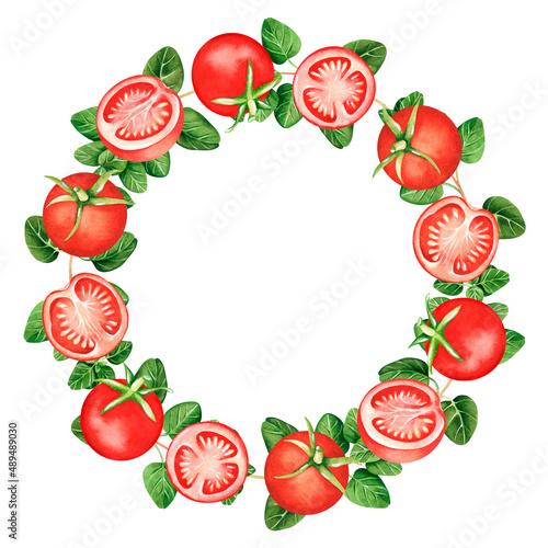 A wreath of tomatoes and oregano. Watercolor illustration.Isolated on a white background.For design.