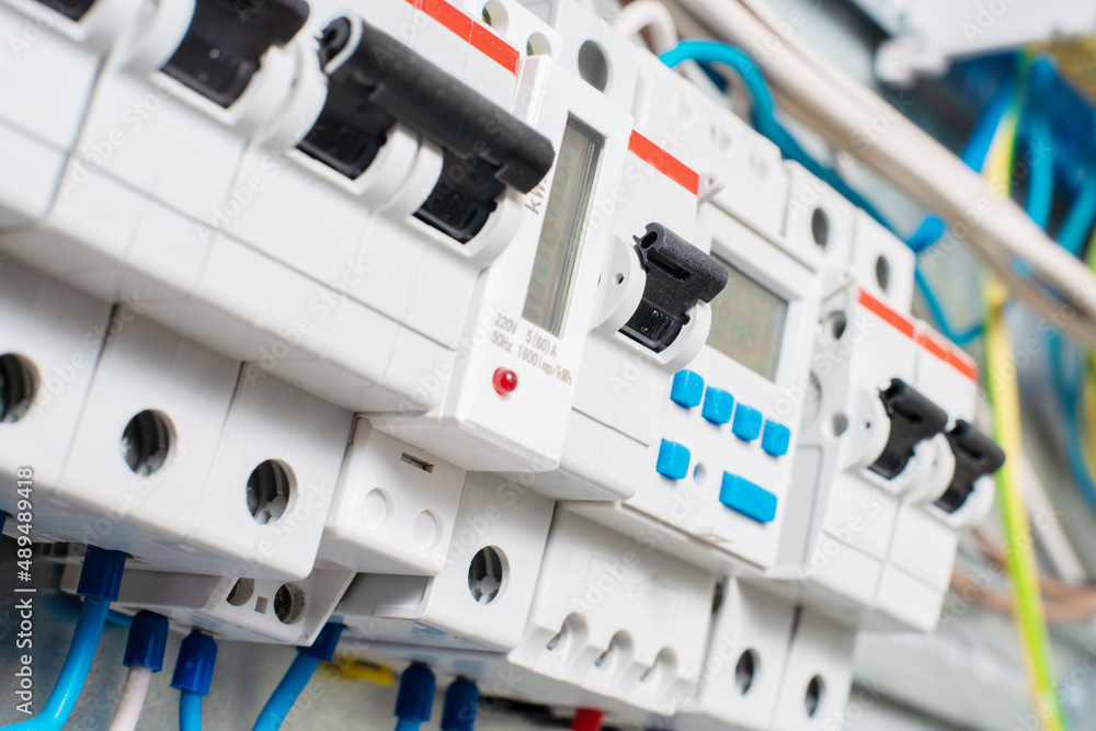 Switches in fusebox. electric power line safety. Switches in fusebox. electric power line safety.