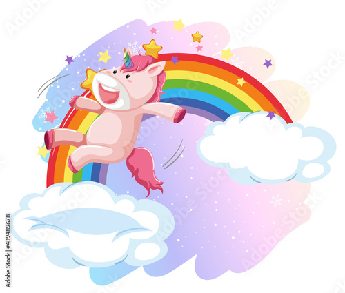 Pink unicorn jumping on a cloud with rainbow