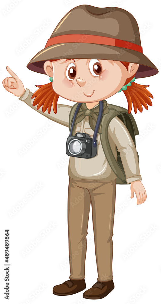 Little girl in camping outfit with camera and backpack Little girl in camping outfit with camera and backpack