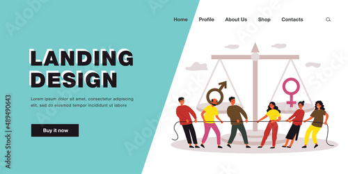 Fight for equal rights of male and female characters. Team of men and women pulling rope flat vector illustration. Gender equality, tug of war concept for banner, website design or landing web page