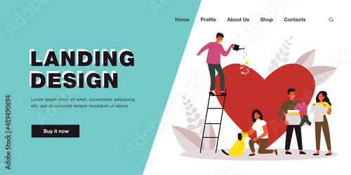 Charity and help from community of tiny volunteers. People giving care to big heart flat vector illustration. Voluntary, sponsorship, altruism concept for banner, website design or landing web page photo