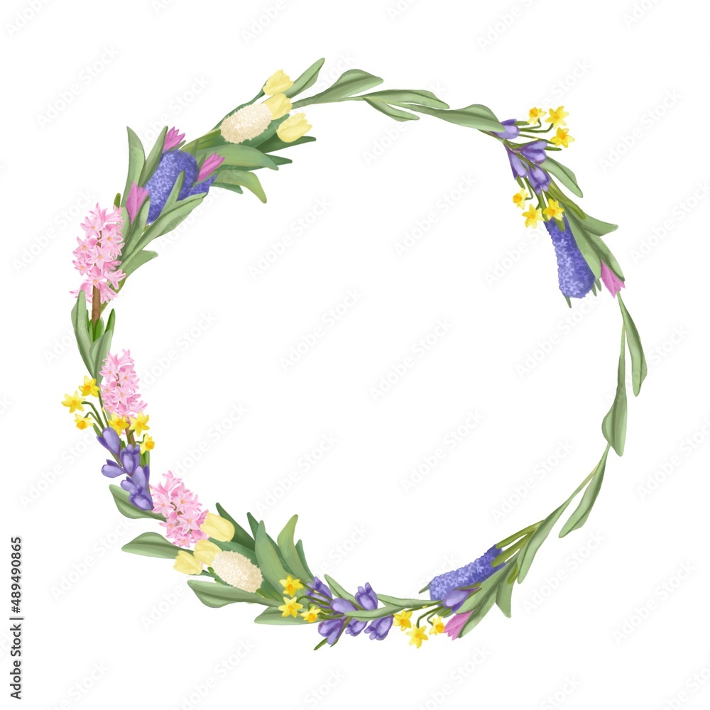 A wreath of fresh garden herbs isolated on a white background. A frame of flowers. Banner with the first spring flowers A wreath of fresh garden herbs isolated on a white background. A frame of flowers. Banner with the first spring flowers