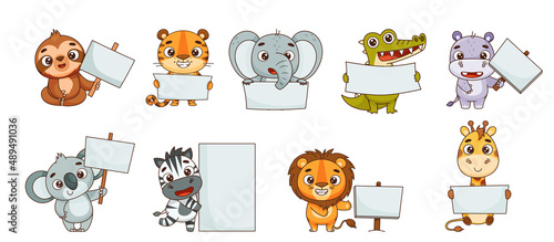 Set kids tropical animals with empty signs. Hippo, lion, elephant, giraffe, crocodile, zebra, sloth, tiger, koala. Vector illustration for designs, prints, patterns. Isolated on white background © EnyaLis