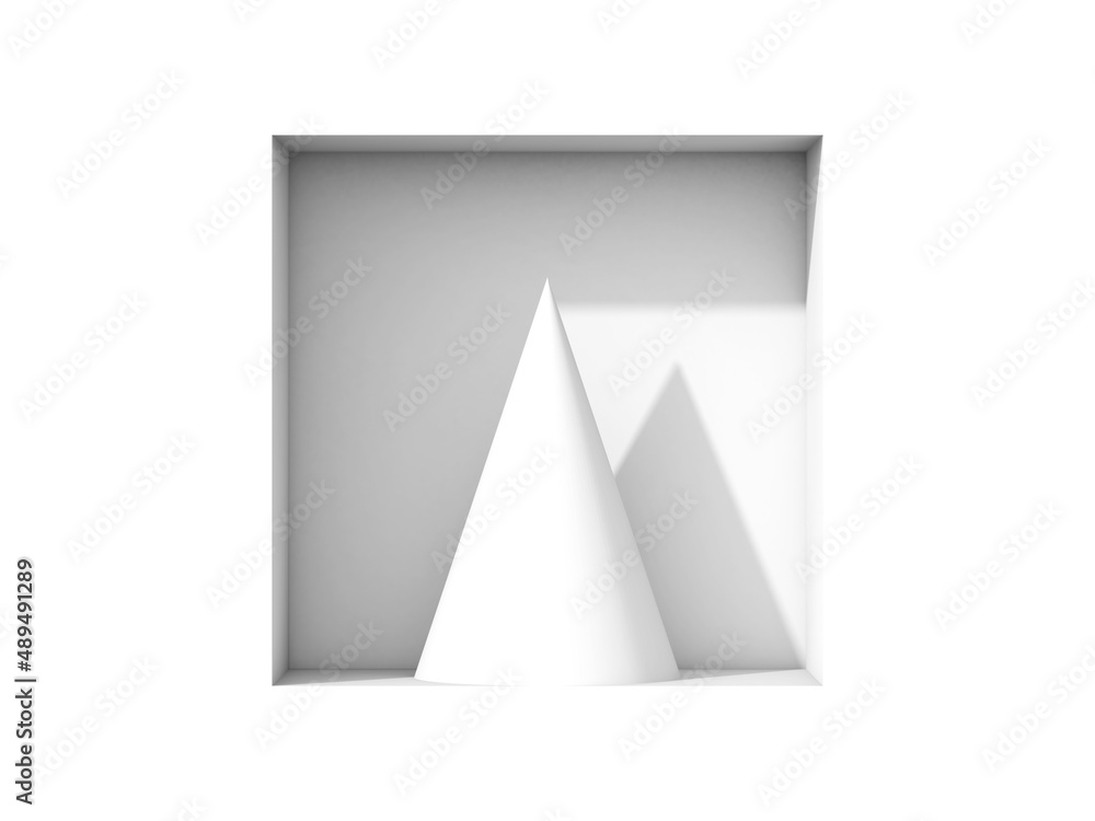 White cone object placed on a square niche in white wall, 3d White cone object placed on a square niche in white wall, 3d