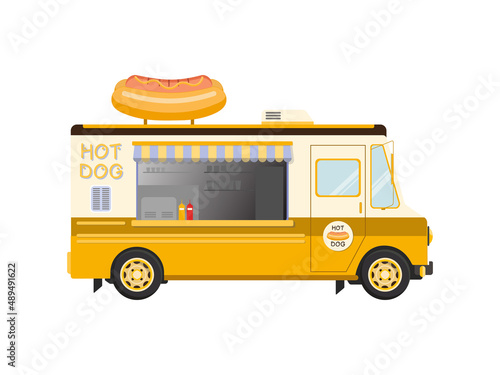 Hot dog food truck isolated on white background. Amusement park street food market. Flat vector illustration.