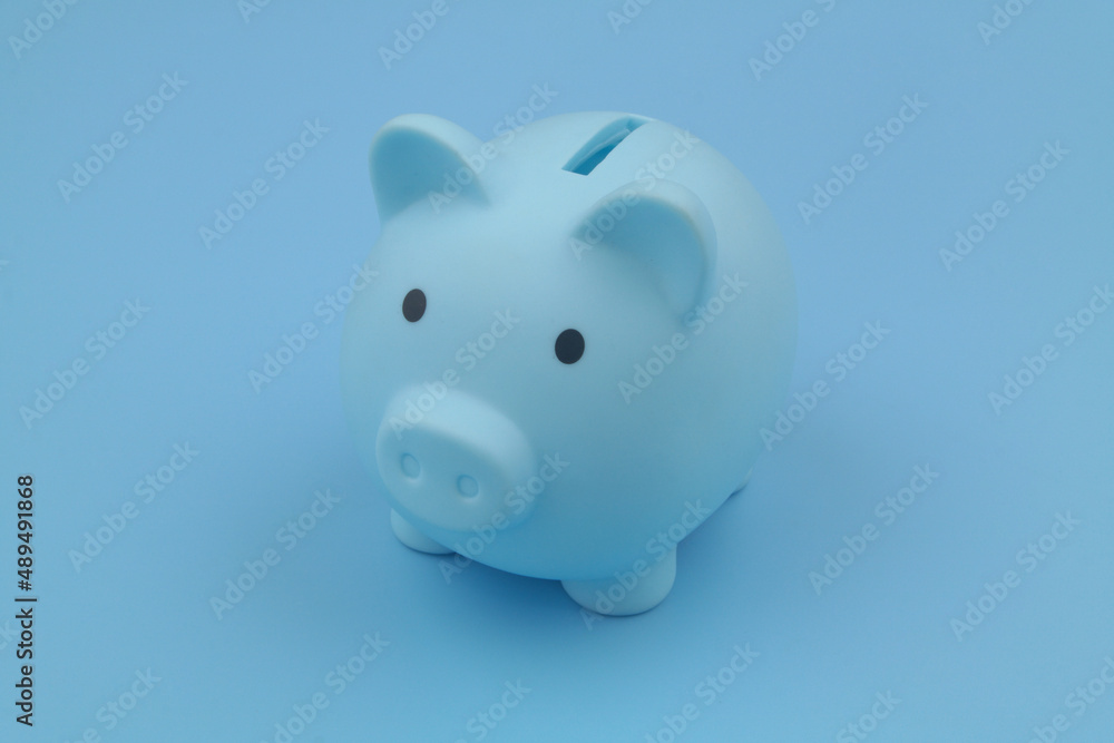 Blue piggy bank on blue background. Save money concept.