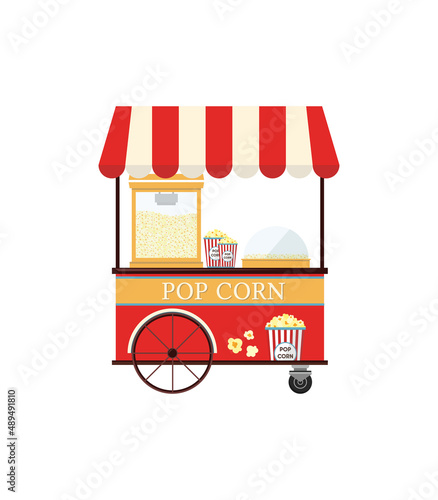Popcorn cart carnival store isolated on white background. Amusement park food market. Colorful flat vector illustration.