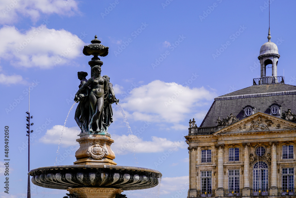 La place de la Bourse square with fountain in Bordeaux city west south France