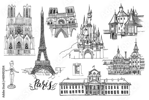 France. Paris. Vector sketch town. Hand drawn public and religious buildings (disneyland, Eiffel Tower, Notre-Dame de Paris, Ecole Militaire, Reims Cathedral), lettering.