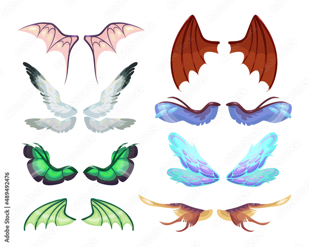 Fototapeta premium Dragon or magical monsters wings cartoon illustration set. Colorful wings of different shapes isolated on white background. Fantasy, mythical creatures, decorative emblems concept