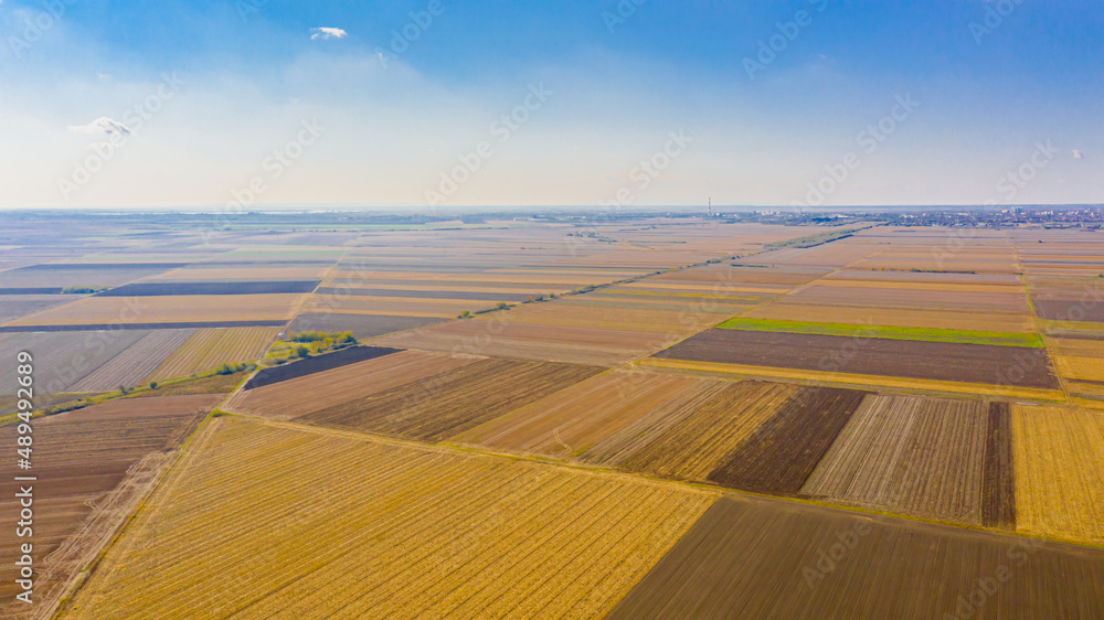 Aerial view of agricultural fields in autumn, farm fields