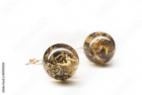 Organic lichen earrings closeup. Natural dried plants inside transparent epoxy resin sphere balls with smooth surface. Selective focus on the details, object isolated on white background.