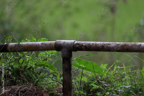 View of T joint pipe with green background found in village area of India.