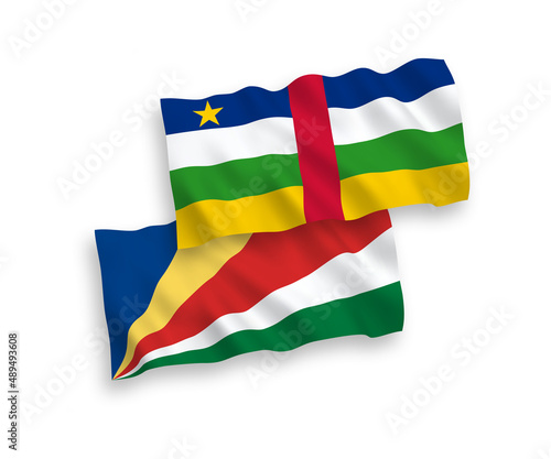 National vector fabric wave flags of Central African Republic and Seychelles isolated on white background. 1 to 2 proportion.