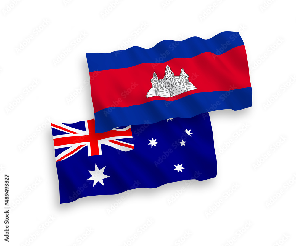 National vector fabric wave flags of Australia and Kingdom of Cambodia isolated on white background. 1 to 2 proportion. National vector fabric wave flags of Australia and Kingdom of Cambodia isolated on white background. 1 to 2 proportion.