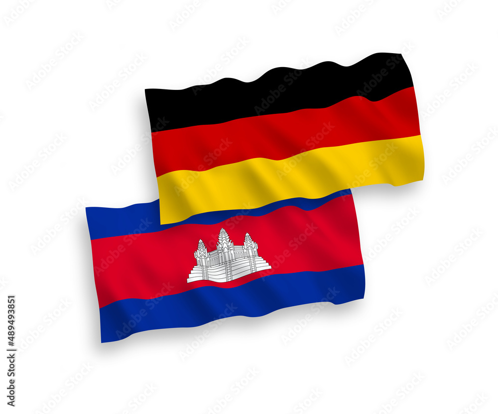 National vector fabric wave flags of Germany and Kingdom of Cambodia isolated on white background. 1 to 2 proportion. National vector fabric wave flags of Germany and Kingdom of Cambodia isolated on white background. 1 to 2 proportion.