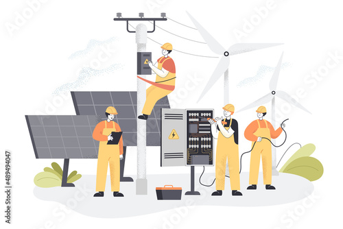Team of construction workers with wind turbines and solar panels. Installation or repair of electric utility poles flat vector illustration. Maintenance service, electricity, renewable energy concept