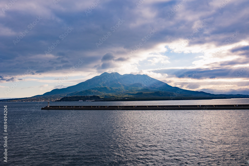 Sakurajima island view in Kagoshima prefecture from ship.