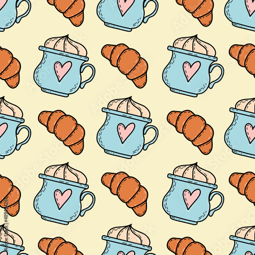 Seamless vector pattern with cute coffee cups and croissants cartoon illustration with fun heart