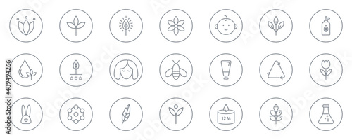 Organic and natural cosmetic line icons big set. GMO free emblems. Eco, vegan, bio food. Organic products badges. Hypoallergenic, safe for children, clean cosmetic, non toxic. Vector illustration