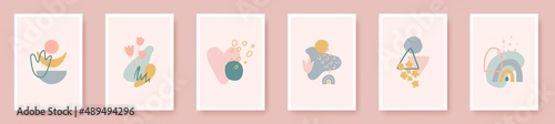 Poster wall set with organic element design. Modern room decor. Minimal art. Geometric shapes in pastel color. Unique hand drawn collage. Contemporary texture for print, brochure. Vector illustration