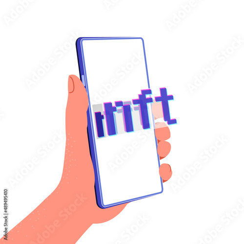 non fungible token illustration, hand holding a phone with NFT, concept of online pay, transaction, collectibles 