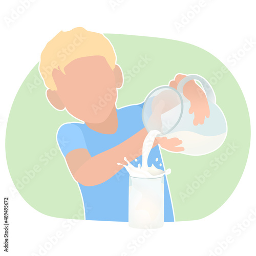 A blond boy pours milk into a glass.