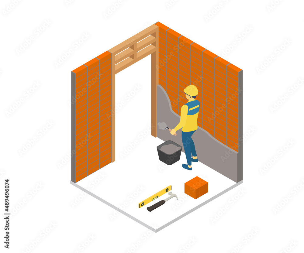 Illustration of a handyman plaster wall with cement Illustration of a handyman plaster wall with cement