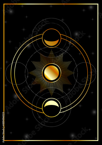 Sun and waxing and waning golden moons in space