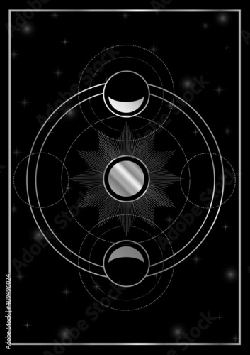 Sun and waxing and waning silver moons in space