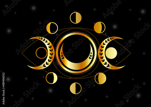 Triple moon goddess of fertility Wiccan and pagan symbol gold