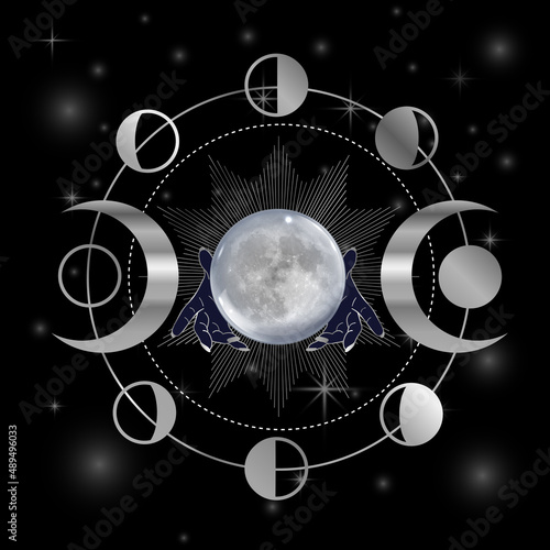 Full moon and triple goddess in hands of Gypsy or witch
