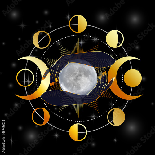 Full moon and triple goddess in hands of witch