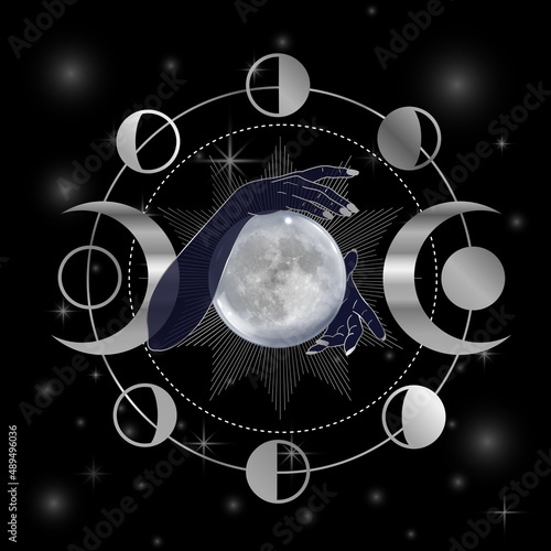 Full moon with triple goddess symbol in hands of  woman