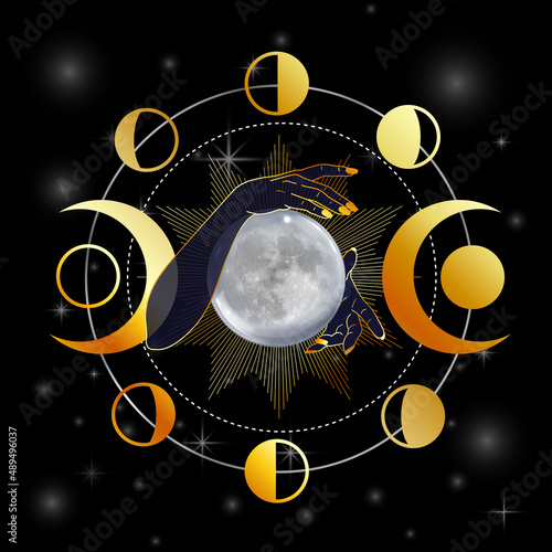 Full moon with triple goddess symbol in hands of a woman