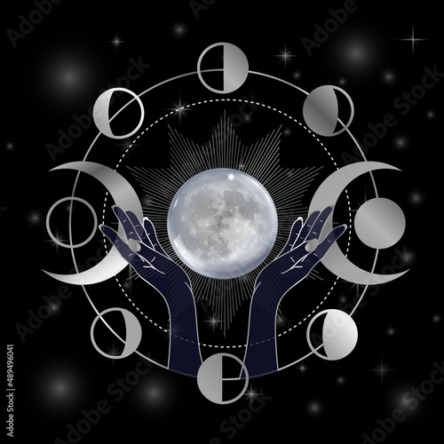 Hands of Goddess lifting the full moon