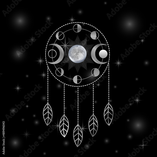 Silver Triple Goddess dreamcatcher with moon phases