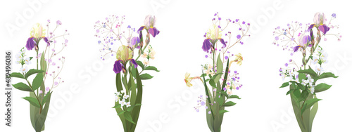 Foto Set spring bouquets: blue iris, daffodil (narcissus), gypsophila, white jasmine