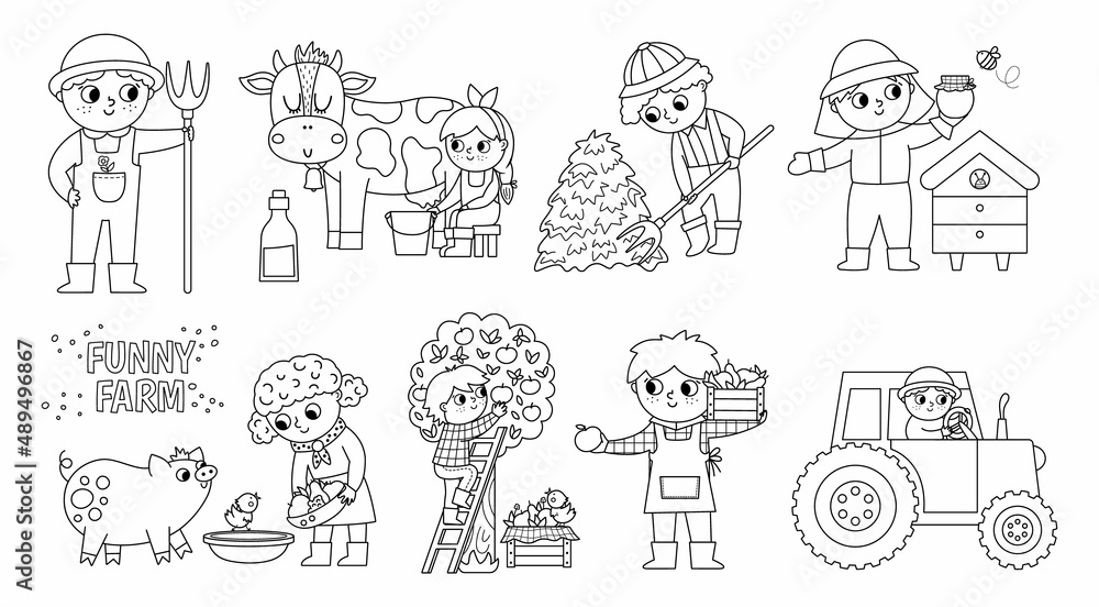 Vector black and white farmers set. Cute kids doing agricultural work