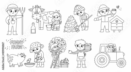 Vector black and white farmers set. Cute kids doing agricultural work. Rural outline country scenes. Children gathering hay, feeding animals, milking cow. Farm coloring pages.