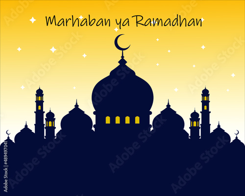 Marhaban ya ramadhan in mosque background for wallpaper and celebration card template