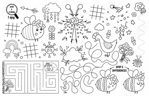 Vector mothers day placemat for kids. Family love and peace printable activity mat with maze, tic tac toe charts, connect the dots, find difference. Boho black and white play mat or coloring page.