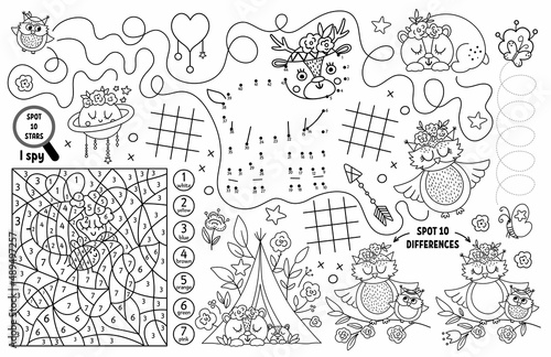 Vector mothers day placemat for kids. Family love and peace printable activity mat with maze, tic tac toe charts, connect the dots, find difference. Boho black and white play mat or coloring page.