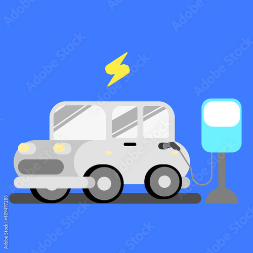 Flat design concept.EV Car Charging at station.Electric vehicle charging technology vector illustration,Isolate background.
