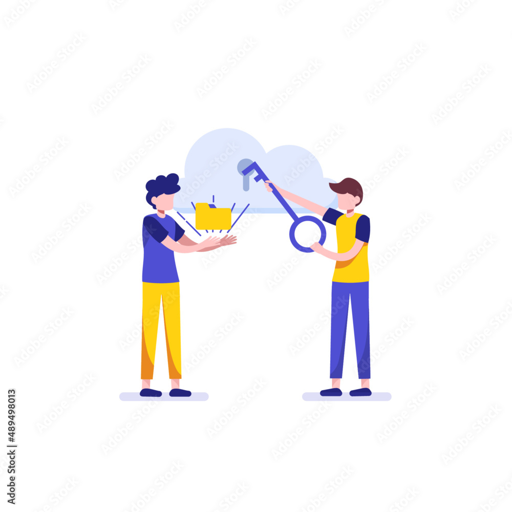 man with key opening cloud data. cloud computing modern flat design concept. security, Upload, maintenance, and development Conceptual vector illustration for web and graphic design.