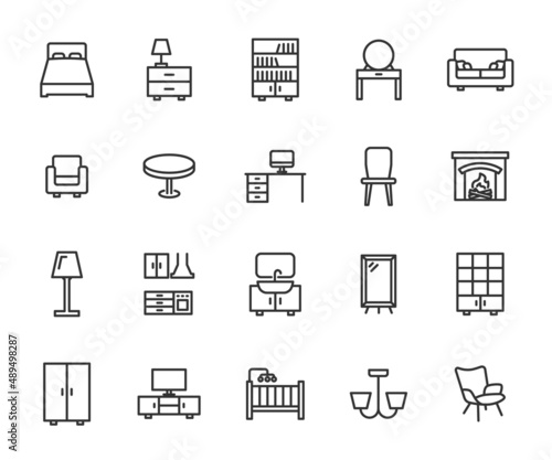 Vector set of furniture line icons. Contains icons sofa, wardrobe, table, kitchen, bed, fireplace, mirror and more. Pixel perfect.