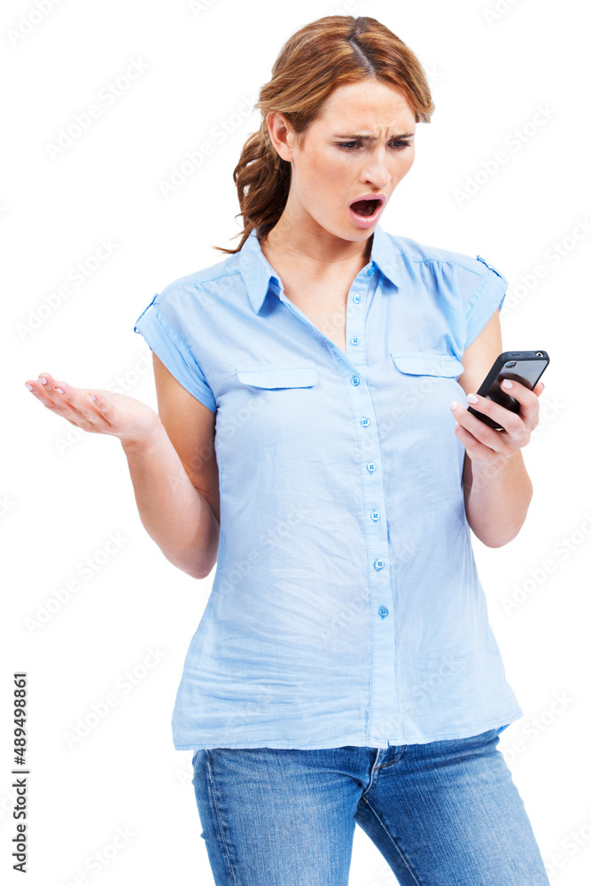 Oh no, she did not just say that. Beautiful young woman looking shocked and offended by a rude text message. Oh no, she did not just say that. Beautiful young woman looking shocked and offended by a rude text message.