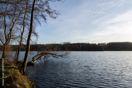 A serene spring day at the Rusalka lake in the city of Poznan before sunset